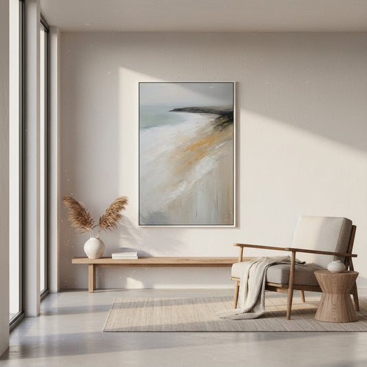 Modern living room with abstract painting, armchair, and wooden bench.