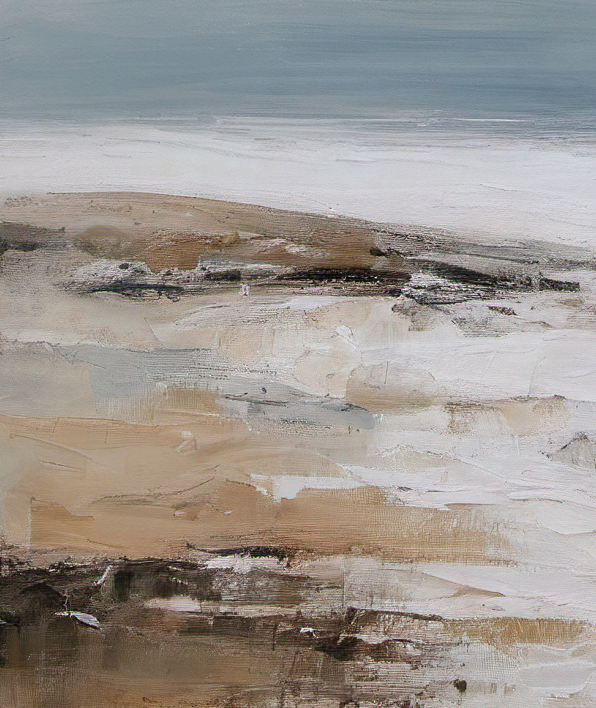 Abstract art with horizontal brush strokes in beige, brown, and gray.