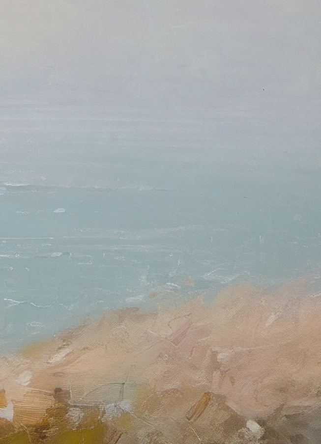 Abstract artwork with a gradient of blue and beige tones.