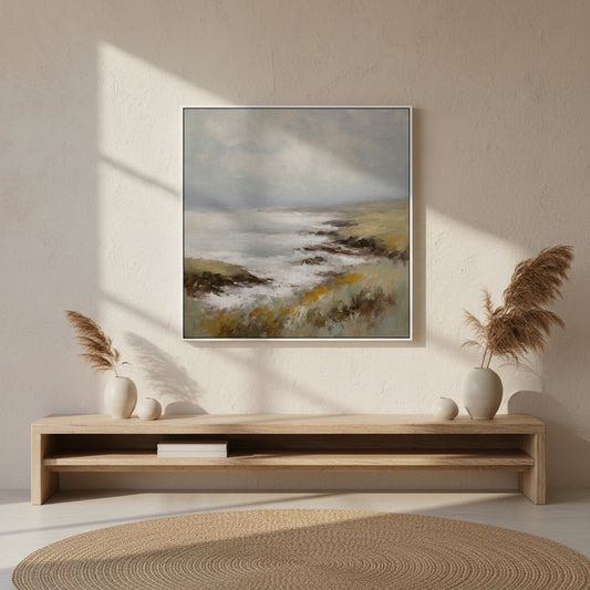 Framed landscape painting on a wall above a wooden console table with decorative items.