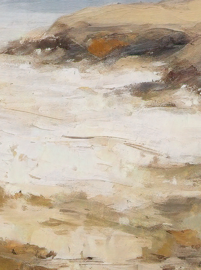 Artistic depiction of a landscape with rocks and water