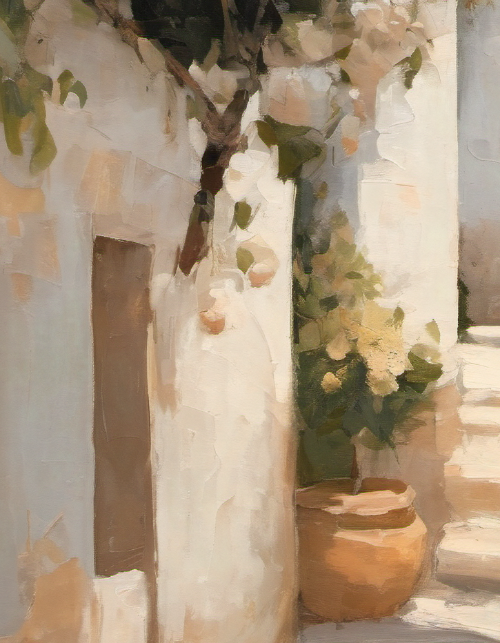 Decorative setting with a white vase, flowers, and a basket against a light-colored wall.