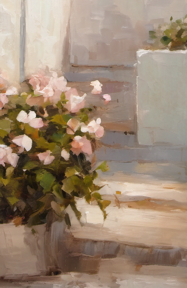 Painting of pink flowers in a pot on a windowsill with a soft, blurred background