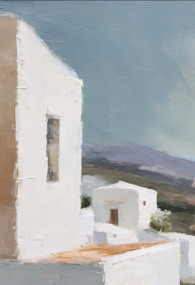 White architectural structure with a mountainous landscape in the background