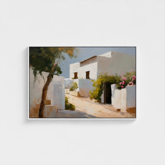 Framed artwork of a white building with a tree and flowers on a light gray background