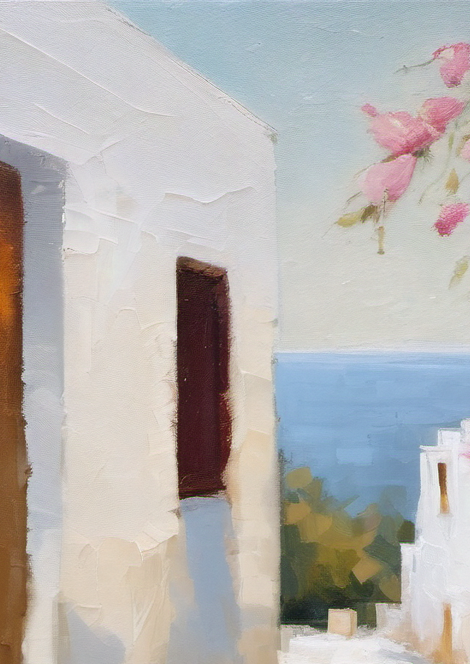 White stone building with a door and flowers on a blue sky background