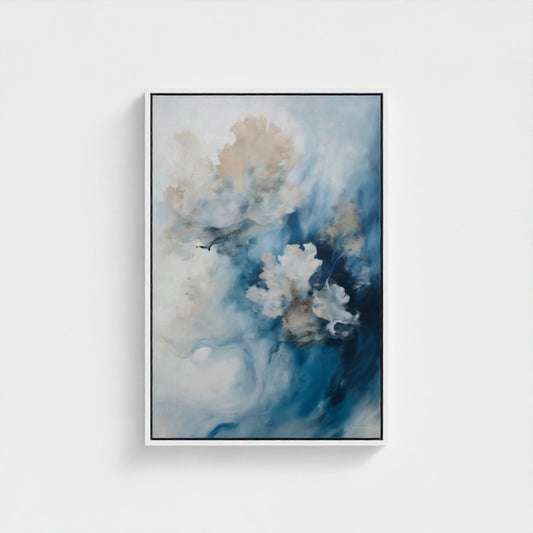 Abstract art piece with blue and beige tones on a white background