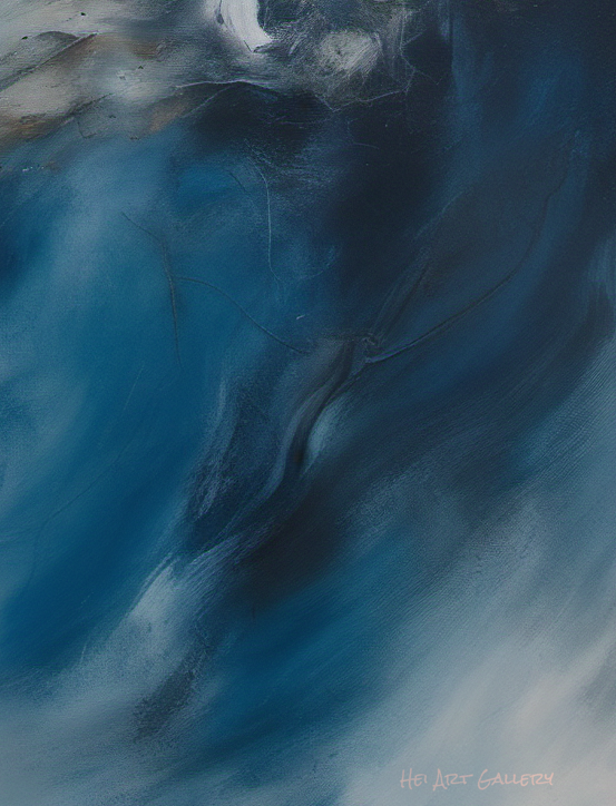 Abstract painting with swirling blue and gray colors