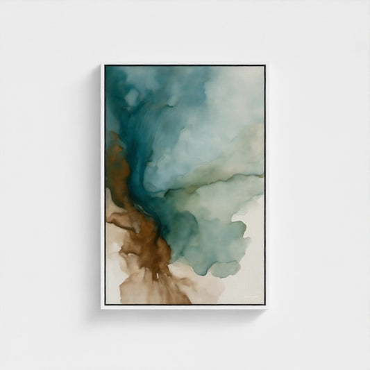 Abstract art print with blue, green, and brown colors on a white background