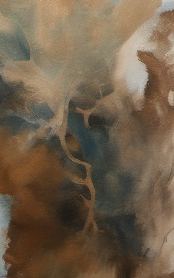 Abstract art with brown, blue, and beige colors