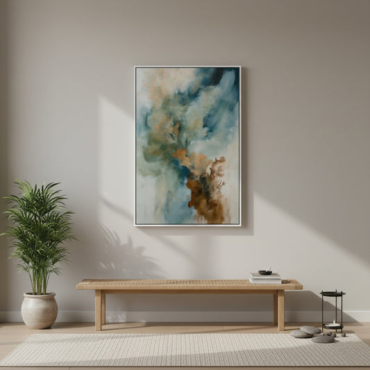 Abstract painting on a wall above a wooden bench in a room with a plant and small table.