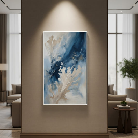 Abstract art piece on a wall in a modern interior setting