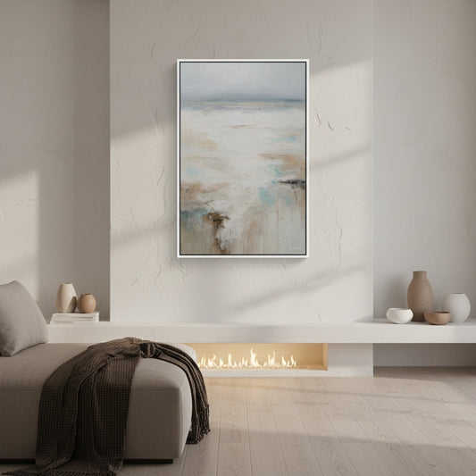 Abstract painting on a wall in a modern living room with a fireplace and decorative items.