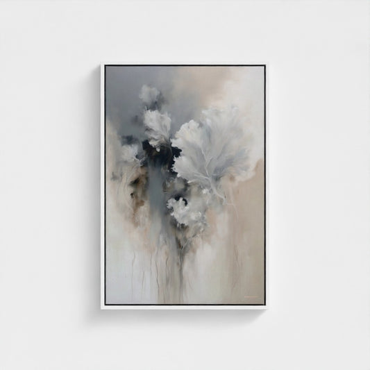 Abstract art print with black, white, and gray tones on a light gray background