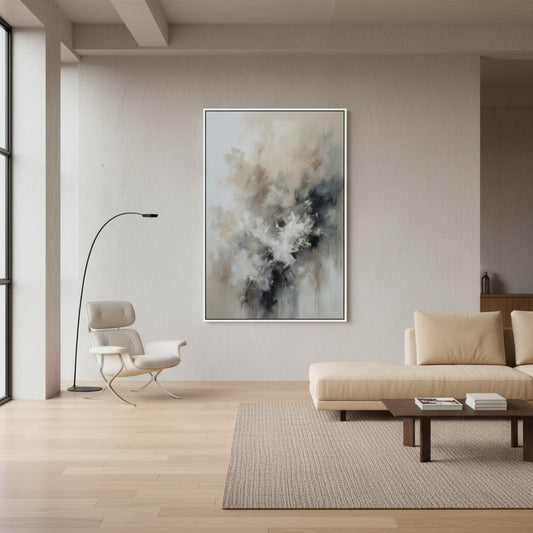 Modern living room with abstract art on the wall, beige sofa, and wooden coffee table.