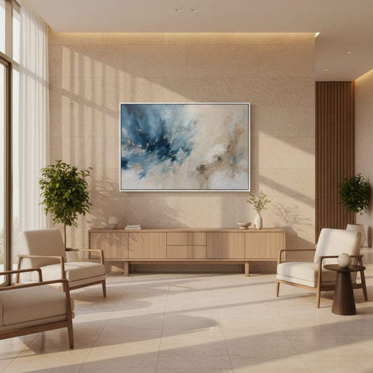 Modern living room with abstract art, furniture, and plants.