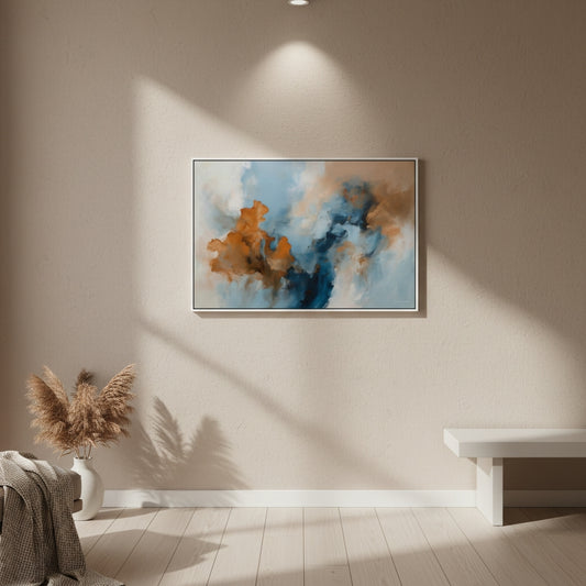 Abstract painting on a wall in a room with a bench and decorative plant.