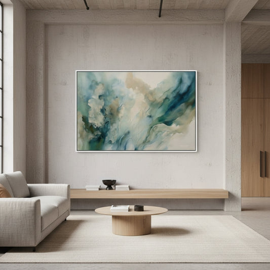 Modern living room with abstract artwork on the wall