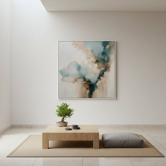 Modern interior with abstract painting, wooden table, and plant on a light background