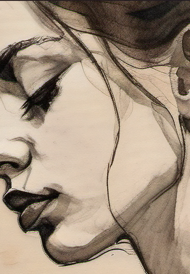 Close-up of a pencil drawing of a face with detailed shading