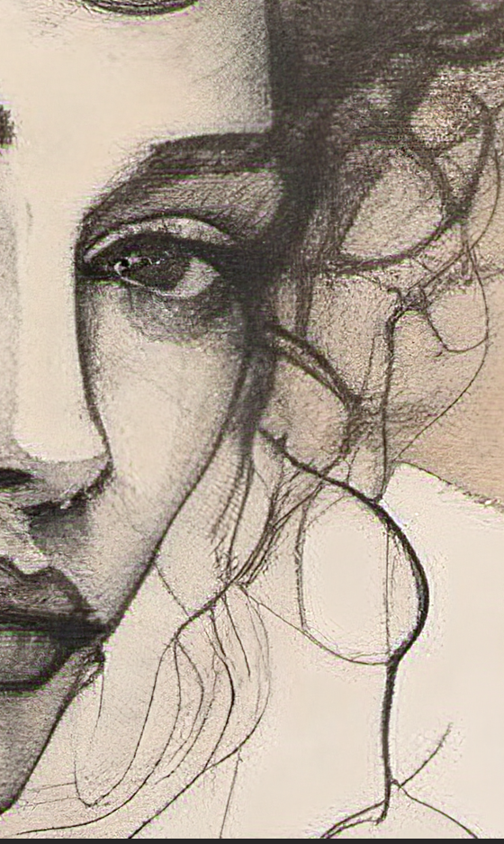 Artistic drawing of a face with detailed lines and shading