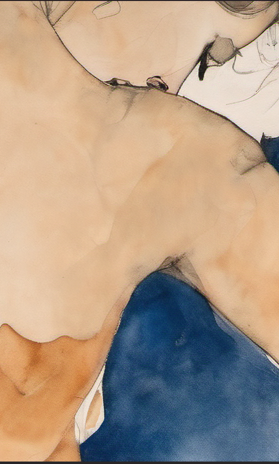 Artistic depiction of a person with a blue garment, possibly from a painting or illustration.