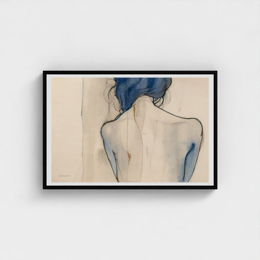 Framed artwork of a woman's back with blue hair on a beige background