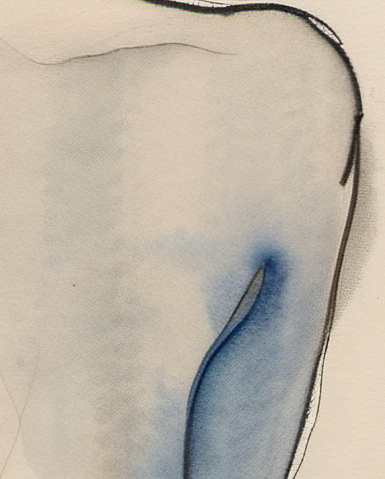 Abstract art with blue and black shapes on a beige background