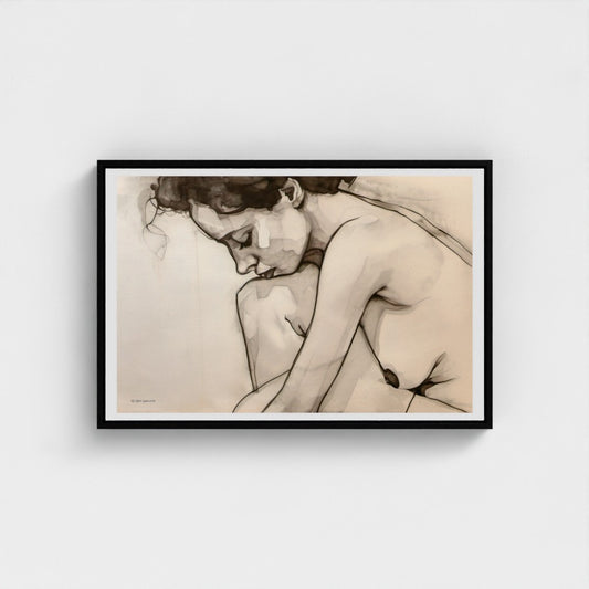Framed artwork of a nude figure on a plain background