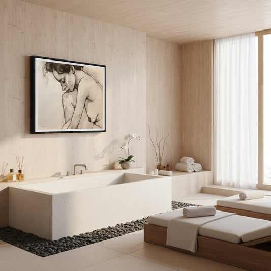 Modern bathroom with a bathtub, artwork on the wall, and a seating area.