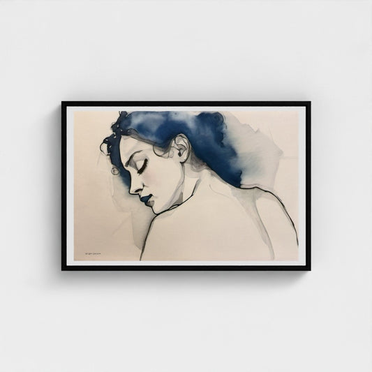 Framed artwork of a woman with blue hair on a beige background