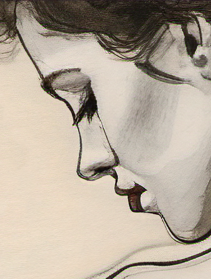 Detailed pencil drawing of a person's profile on a beige background