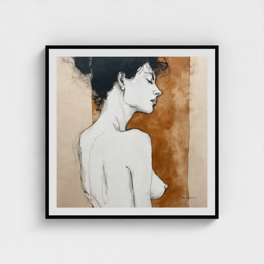 Framed artwork of a nude woman with a textured brown background