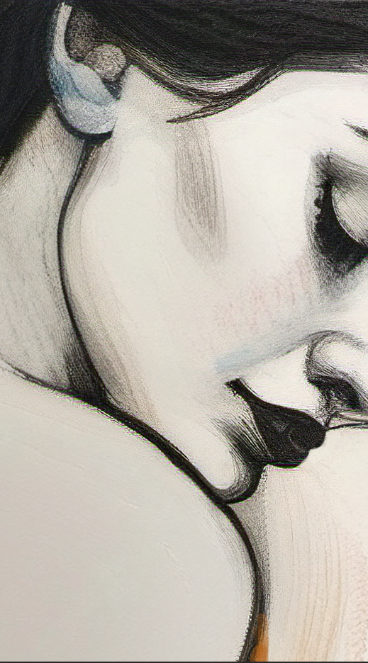 Artistic depiction of a person with a neutral expression, wearing earrings.