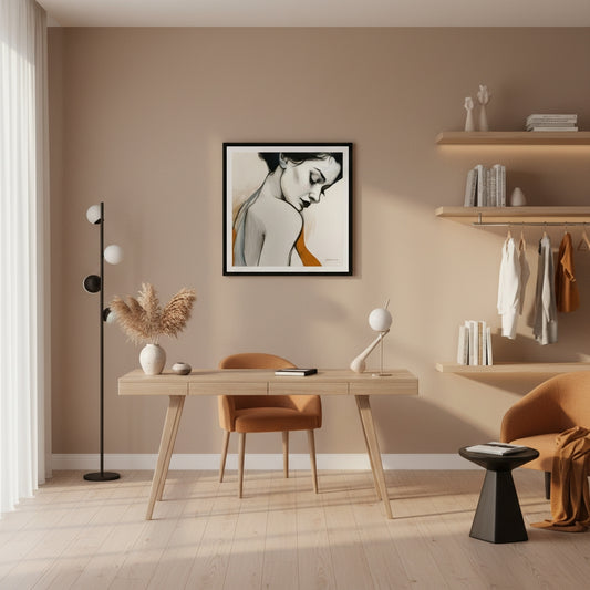 Art studio with easel, paint supplies, and framed artwork on a wall.