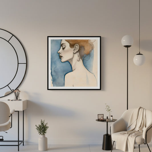 Framed artwork of a woman's profile on a wall in a modern living room.