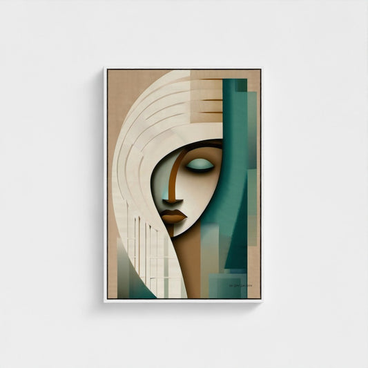 Abstract art print of a stylized face with geometric shapes on a light gray background