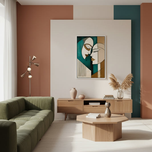 Modern living room with a green sofa, wooden coffee table, and abstract art on the wall.