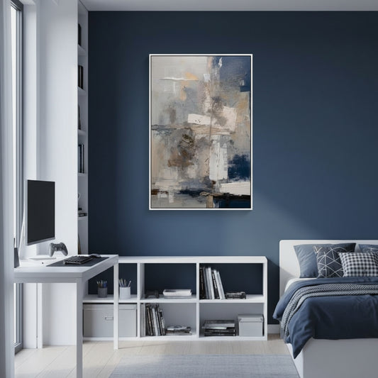 Modern bedroom with abstract art on a blue wall, desk, and bed.