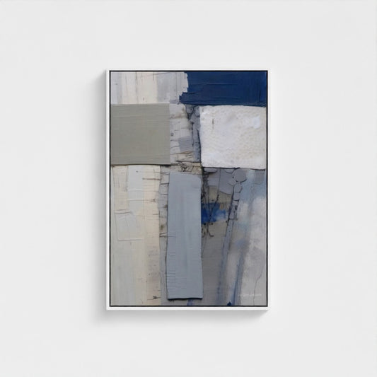 Abstract art piece with blue and gray tones on a white background