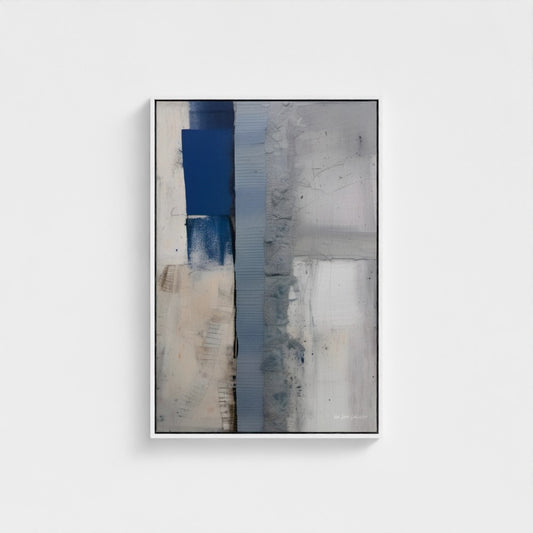 Abstract art piece with blue and gray tones on a white background