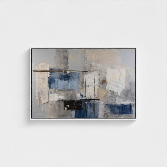Abstract art piece with blue and beige tones on a white wall