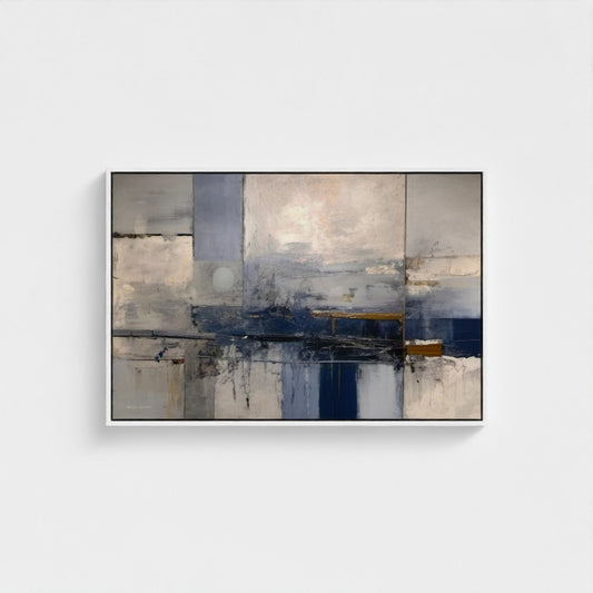 Abstract painting with blue and gray tones on a white wall