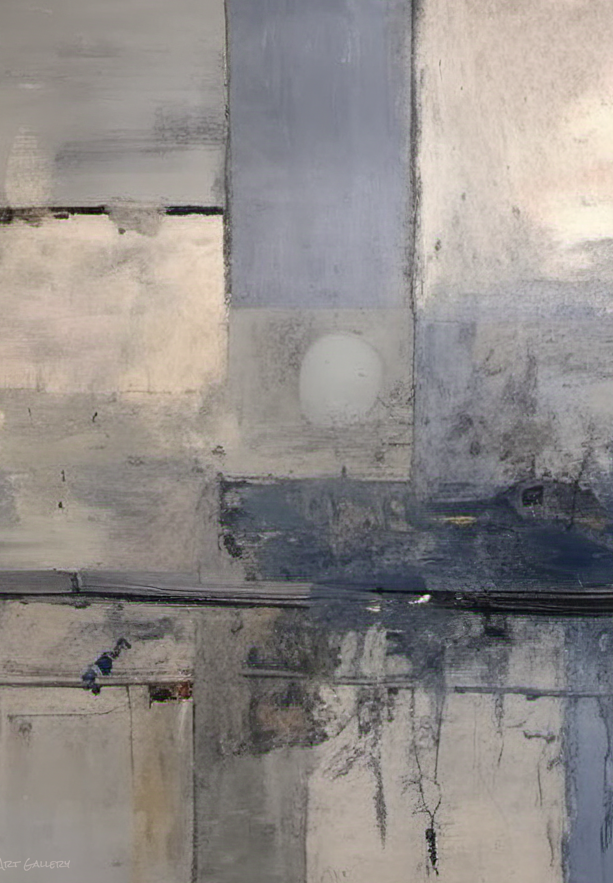 Abstract art piece with a mix of gray, white, and blue tones.