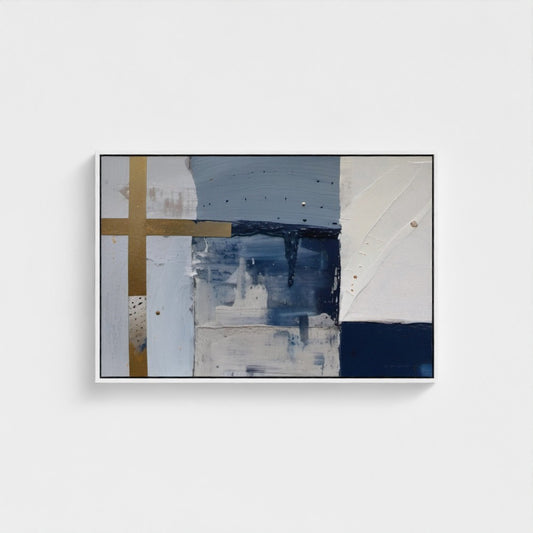 Abstract art piece with blue, gold, and white colors on a white wall