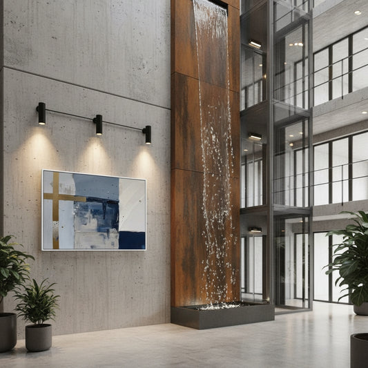 Modern interior with a water feature and abstract painting on a wall.