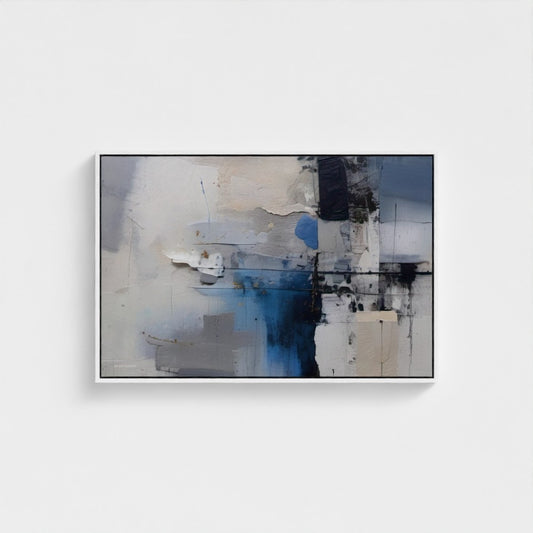 Abstract painting with blue, black, and white on a white wall