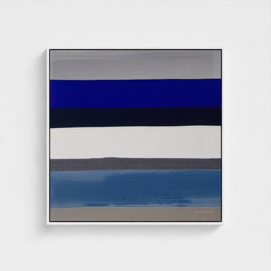 Abstract art piece with horizontal stripes in blue, black, and gray on a white background