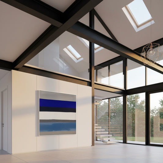 Modern interior with glass walls and a painting on a white wall.