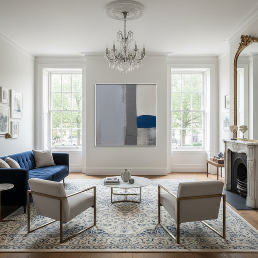 Living room with blue sofa, white chairs, and a chandelier.